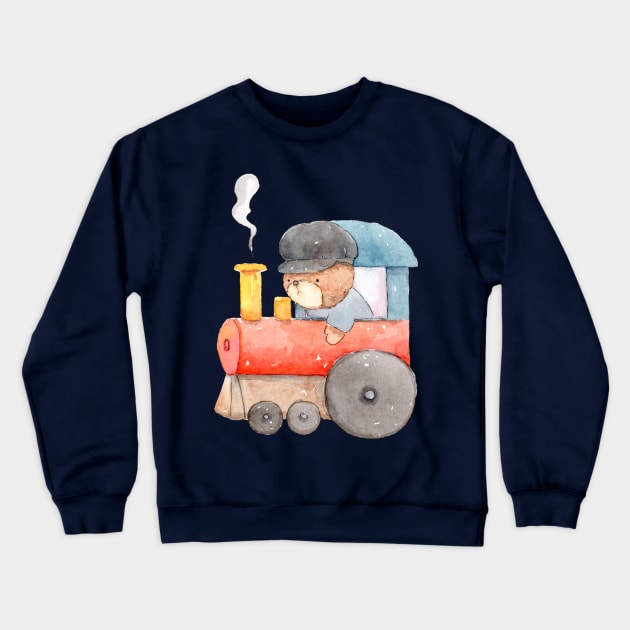 Bear Riding Train Watercolor for Kids Crewneck Sweatshirt by LaarniGallery